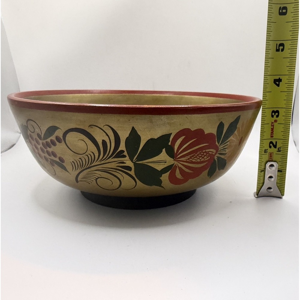 Vintage USSR Russian Khokhloma Floral Wood Bowl Hand Painted 8" Folk Art